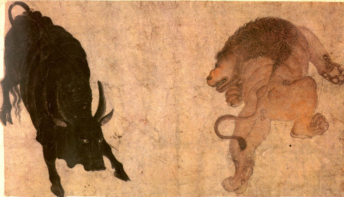 loverofbeauty:  Mehmed Siyah Kalem:  Lion and Bull (15th c.) Topkapi Museum, Istanbul