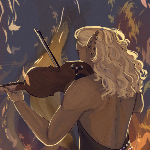 [ID: lup, a brown-skinned elven woman with long-ish blonde hair, playing violin with her back toward