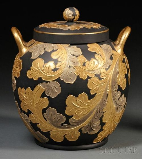 treasures-and-beauty: Wedgwood, 1885.  Auro Basalt Potpourri and Cover.