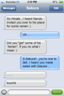 textingninjasofkonoha:  Sakura and Hinata gossip over getting some food ;)