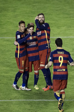 fcbarcelonasource:    Lionel Messi celebrates scoring their third goal with teammates Neymar, Gerard Pique and Luis Suarez during the La Liga match between Rayo Vallecano de Madrid and FC Barcelona at Estadio de Vallecas on March 3, 2016 in Madrid, Spain.