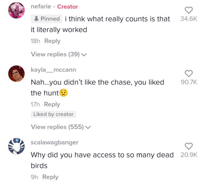 A screenshot of Tiktok comments with character portraits overlaid on the user icons. Barbie's creator comment reads: "i think what really counts is that it literally worked". Flint's reply: "Nah... you didn't like the chase, you liked the hunt ". Yadnamad's reply: "Why did you have access to so many dead birds".