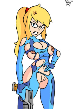 Someone cut a bunch of holes in Samus’ suit, and she ain’t happy about it. 