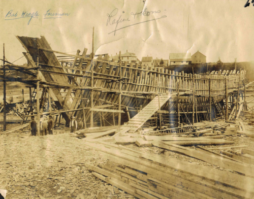 Schooner under construction at Rafuse & Sons shipyards, Salmon River,  N.S.DesBrisay Museum &