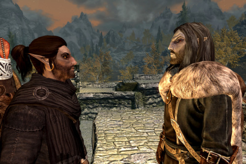 My latest Skyrim kiddo, Caladruin, with Erandur. A Bosmer archer and bard - and also reluctant vampi