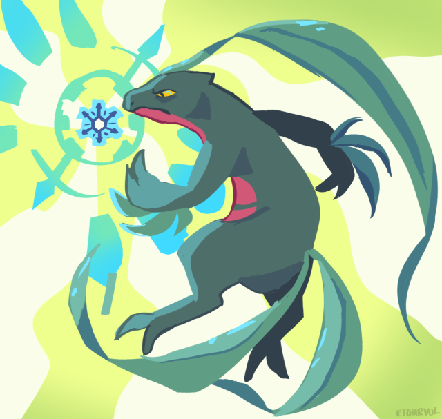 Digital art. Grovyle from Pokemon Mystery Dungeon is pictured pensively facing left, extending an arm towards a time gear near his face. The time gear glows with a pattern reminiscent from the game. The background is a swirl of green and white, emanating from the time gear. Grovyle is softly lit by the blue light from the time gear. The palette is blues and greens with a little red on the stomach.