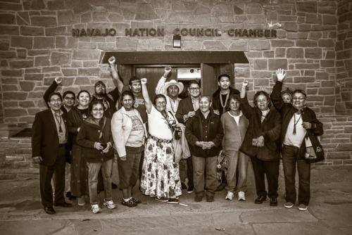 Opponents of the Grand Canon Escalade development celebrate after the Navajo Nation Council voted ag