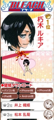 ichirukifabr01:  Rukia wins poll at Jump!  Was carried out in Shonen Jump, for Valentine’s Day, the popularity research “J-Heroines” for the public to choose who are are preferred by Japanese girls and they would like to date As you can see the