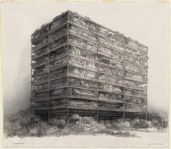James Wines, Highrise of Homes, project (Exterior perspective), 1981. Ink and charcoal on paper. 22 x 24 inches.