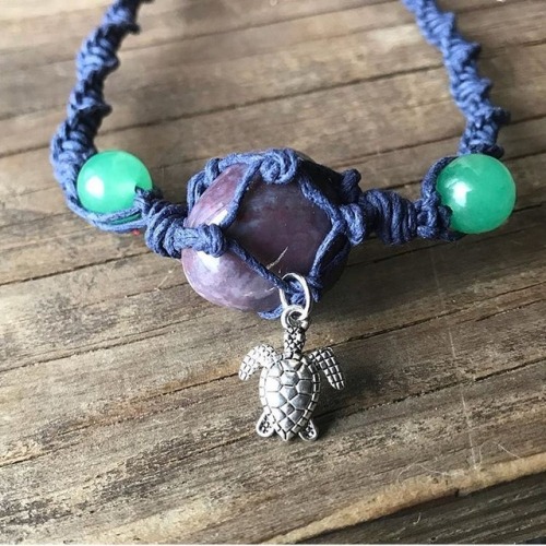 Navy blue hemp wrapped jasper necklace with aventurine accents and a sea turtle charm . . #hippie #b