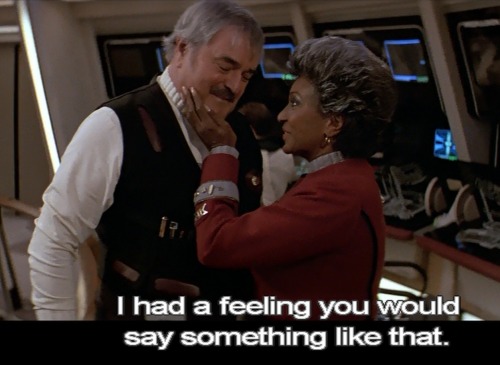 James Doohan as Montgomery Scott and Nichelle Nichols as  Nyota Uhura in “