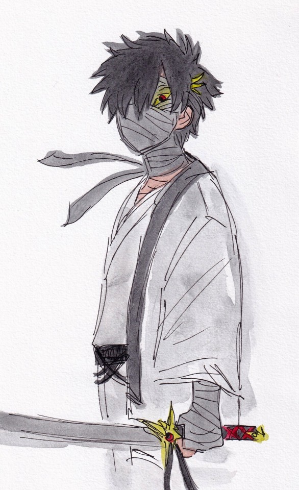 Fanmade design of Vocaloid voicebank VY2 in watercolour and pen. The design is primarily gray and black with red and yellow accents. He is holding a sword and wearing a kimono and haori. His face and arms are covered in gray bandages. He has filigree and a crescent moon emblem where his eye should be. His hair is short. He is drawn from the side with his head turned to face the viewer.