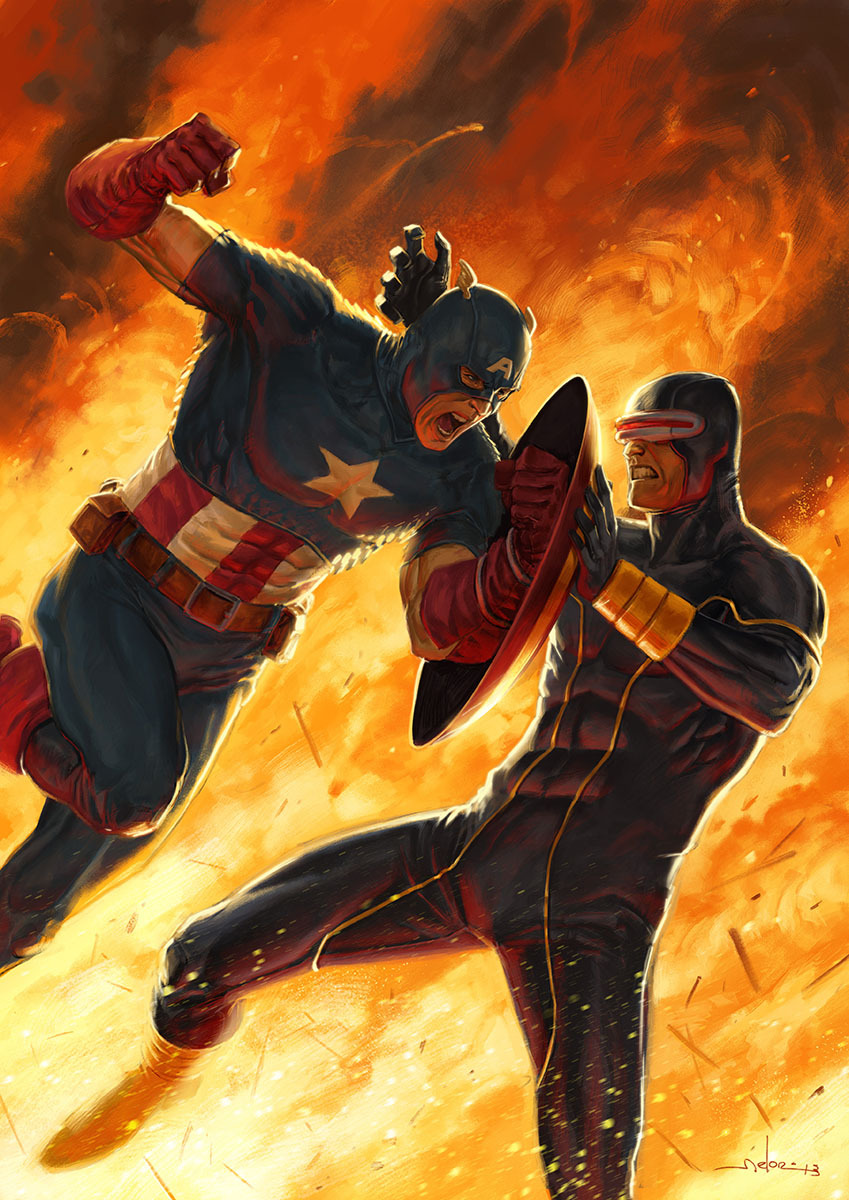 comicbookartwork:  Cyclops Battles Captain America By Andrea Meloni 