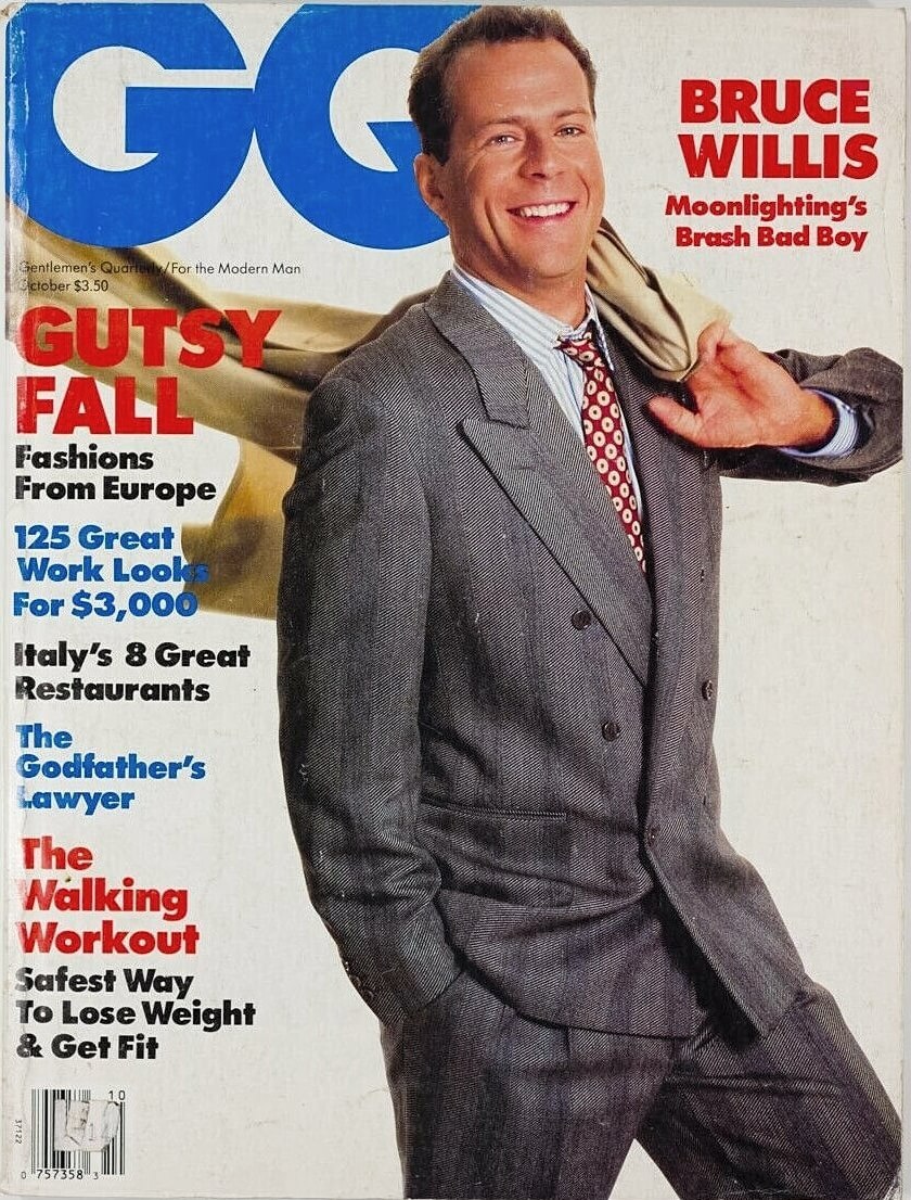 <p>Bruce Willis on the front cover of GQ magazine in 1986. At this time, he was the wise-cracking detective David Addison in Moonlighting.</p>
