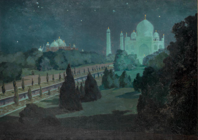 Hugo Vilfred Pedersen (1870 - 1959) - The Taj Mahal by Moonlight, with the Mosque beyond. Oil on canvas. #Hugo Vilfred Pedersen  #Hugo V. Pedersen #Danish#Taj Mahal#Mosque#India#Moonlight#Agra#Stars#Night