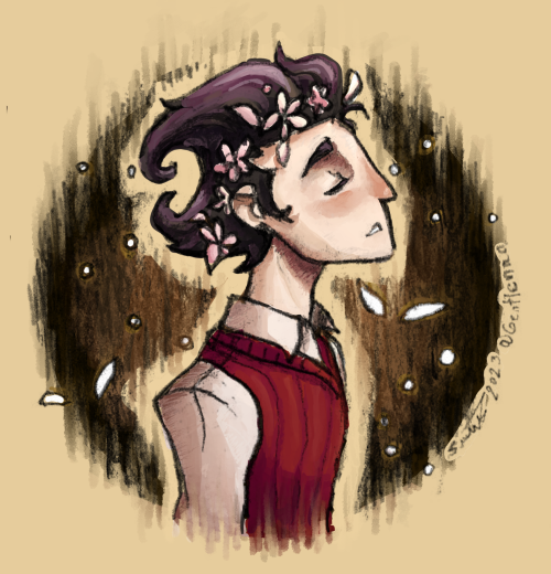 A pencil draw, colored digitally of a man with his face facing up to the right. He has his eyes closed and mouth slithgly open. He has curious hair, forming a kind of C shape. He is wearing a flower crown, a vest with stripes, and a shirt. Behing him, the darkness appears, with a good amount of tiny glowing eyes appearing.
This is Wilson, from the game Don't starve.