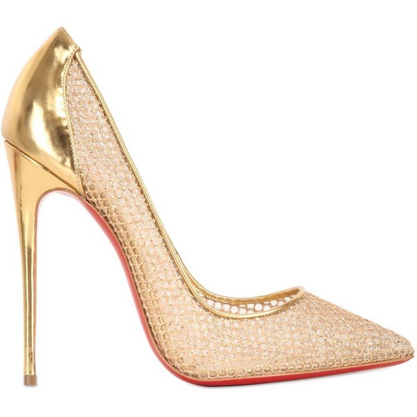 CHRISTIAN LOUBOUTIN 120mm Follies Fishnet Pumps - Gold ❤ liked on Polyvore (see more gold pointed toe pumps)