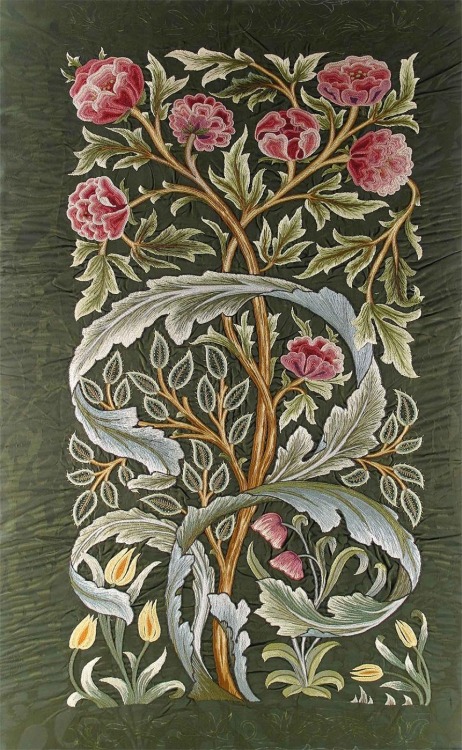 highvictoriana: A (William) Morris &amp; Co ‘Oak’ silk panel embroidered by Helen, L