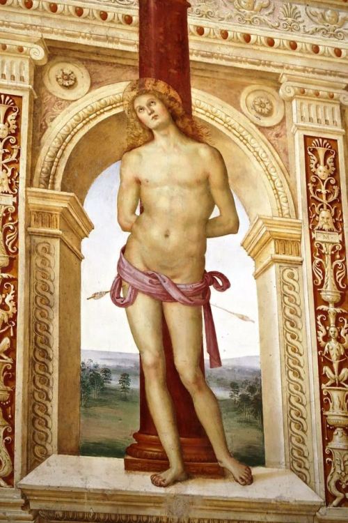 Pietro Perugino, Martyrdom od St. Sebastiano, 1505, Fresco, Church of San Sebastiano, Panicale, Ital