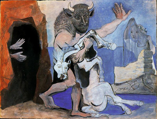 artist-picasso: Minotaur with dead horse in front of a cave facing a girl in veil, 1936, Pablo Picas