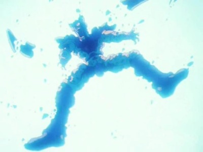 cell from dragon ball being eviscerated and scattered to peices by goku's kamehameha attack