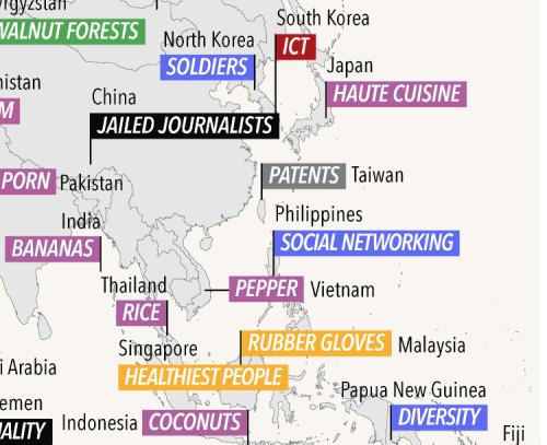 bandarai:  mymodernmet: World Map Reveals What Each Country Does Better Than Any Other This is really interesting…But has anyone else noticed that Mongolia is best for Velociraptors? And that they denoted this as a bad thing? XD