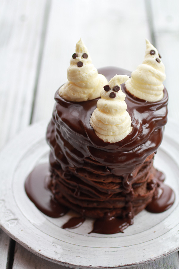 sweetoothgirl:  Chocolate Lovers Pumpkin Fudge Brownie Pancakes with Chocolate Kahlua