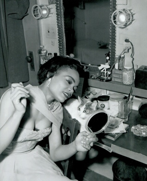 ladybegood:Eartha Kitt with her cat Jinx in her dressing room, 1953