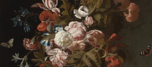 Simon Pietersz. Verelst, Tulips, Poppies, an Iris, Cow Parsley, Convolvuli and Other Flowers in a Gl