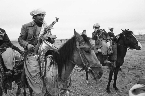 Three Muslim rebels pose on horseback during a rebel meeting at avillage near Herat (Afghanistan, Fe