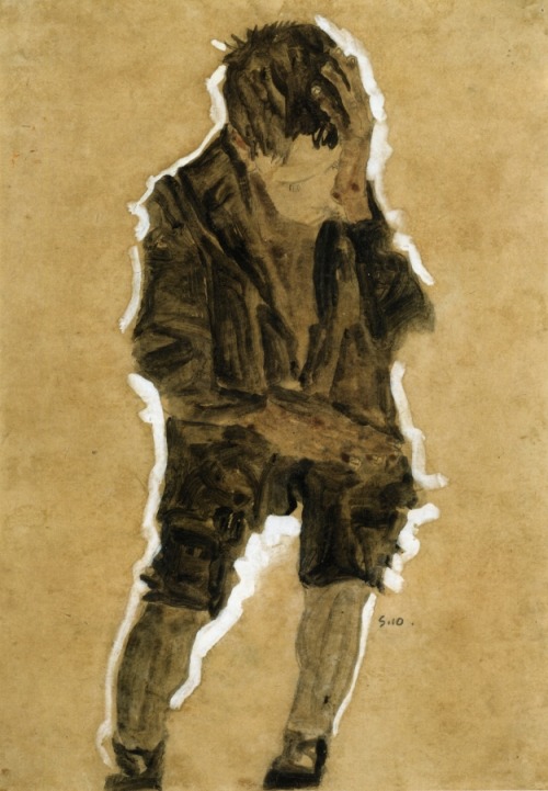 expressionism-art: Boy with Hand to Face, 1910, Egon SchieleSize: 43x33 cmMedium: watercolor on pap