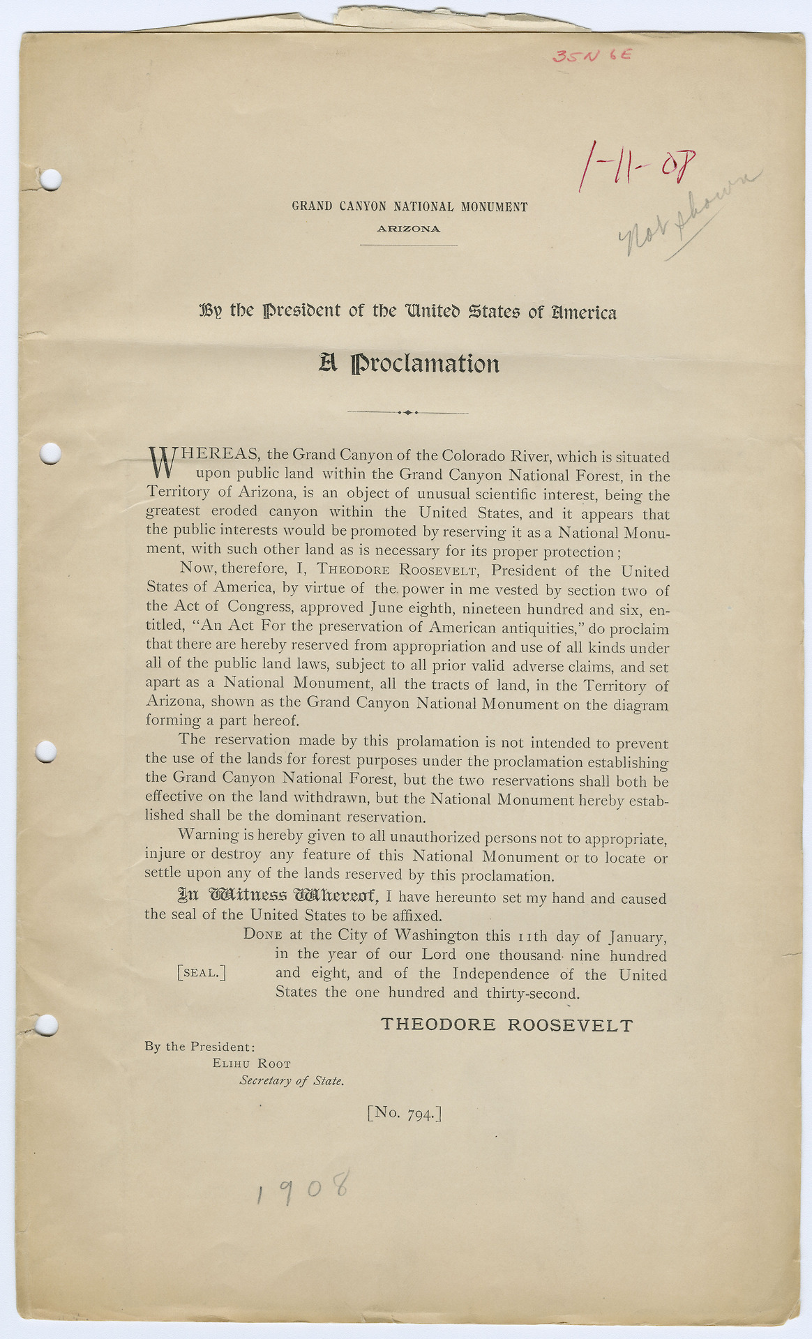Today's Document • Presidential Proclamation Designating Grand Canyon...