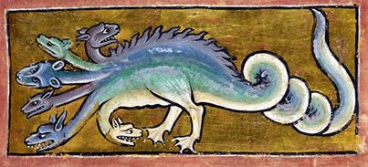 semioticapocalypse:Hydra. Bestiary, England ca. 1200-1210 (British Library, Royal 12 C XIX, fol. 13r