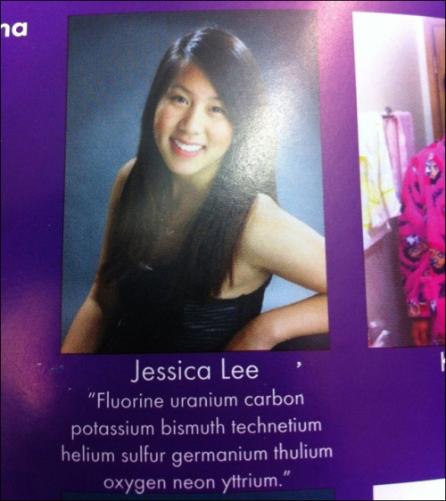 the-absolute-funniest-posts:  icantbelieveitsalawblog: Jessica Lee wins everything with the most epic use of the periodic table ever.
