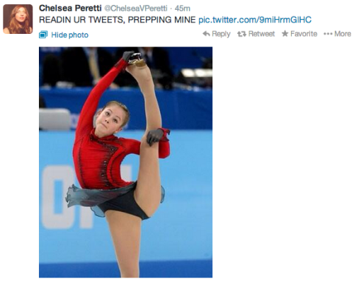 kittykoti:  CHELSEA PERETTI KILLIN IT ON TWITTER  Well well. The Winter Olympics got interesting.