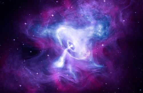 The Crab Nebula: Observations Through Time : This composite of the Crab Nebula was made with data from the Chandra X-Ray Observatory (blue and white), Hubble Space Telescope (purple), and Spitzer Space Telescope (pink). (via NASA)