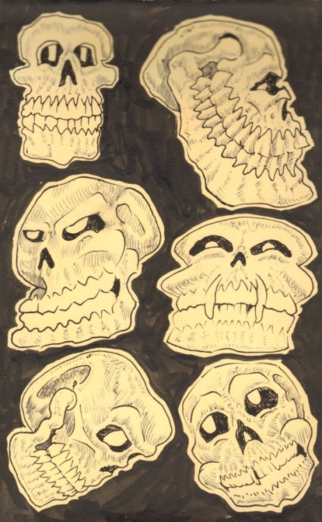 Skulls, skulls!  And MORE skulls!   Yeah, this was what I was doing covertly while the whole “inktober” thing went down. Ink and/or watercolor on paper, 5"x8", Matt Bernson 2013