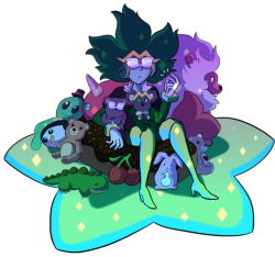 peacefulteatime:  DONUT ASK.  My AUs started blending together and it went from Emerald having this cute happy face to wearing the MC Shades while she listens to Sadie Killer’s sick beats. This is her new crew of plushies… and a lion? 