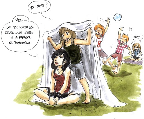 toodrunktofindaurl: Little human Laura protecting her vampire girlfriend Carmilla from the sun so sh