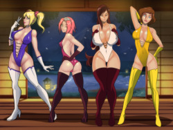 tinkerbomb:  Commission by Evafreak - From left : Juliet, Sakura, Tifa, and April  