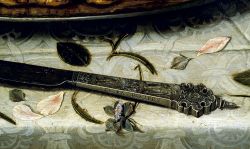 barcarole:Detail of the artist’s signature from Still Life with a Tart and Roast Chicken, Clara Peeters, ca. 1610-15.