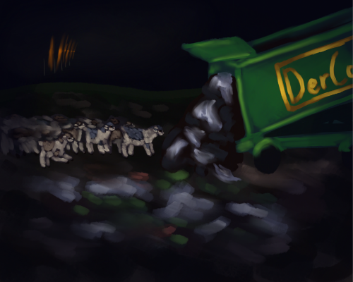 gaeilge: fanas crosantach cota-catach ag rith go dti leoraí bruscair a bhuil ag chuir pleastach ferimeoracht ar talamh an liondha talun
english: curlcoat cross fauns running to a garbage truck that is dumping farmyard plastics on the lanfill for them to eat