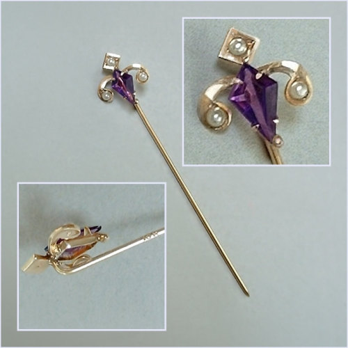 10K Gold Antique VICTORIAN Stickpin Fleur De Lis PIN Amethyst Seed PEARL Jewelry Hallmarked c.1880s