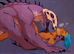 phantom-smut:  Tox putting his tongue to good use on his mate, Jona. It sure takes a lot of faith and patience to be so close to those sharp teeth huh.