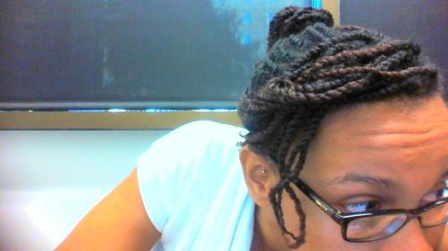 Mini twists with flexirod bangs pinned back and the rest of hair in a bun. Such a lazy day.But my he