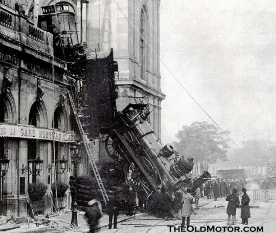 arjan-de-lumens: musicalfirefighting:  argumate:   this post is a train wreck.  I recognize this picture - maybe it’s from the clock robot movie?   It’s from the Montparnasse derailment, a train wreck that took place in Paris in 1895. Here is a picture