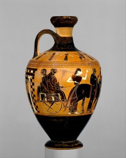 ancientpeoples:  Terracotta Lekythos (Oil flask) c.550-530 BC