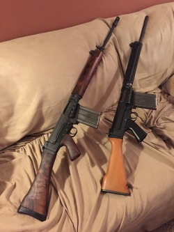 coffeeandspentbrass:  cerebralzero:  whiskey-weather:  ariaofdoom:  Did I post this? My factory build DSA FN FAL with custom wood furniture and my fiancé’s parts built FN FAL. And I think we have enough spare parts to build a third one.  Ooohhh  Nice