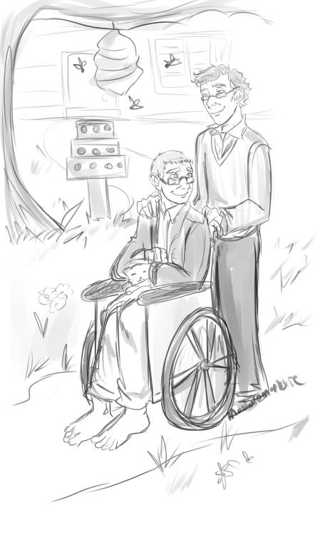 madwomanlexie:prompt from wholeoftimeand-space: John and Sherlock at their retirement cottage.This w