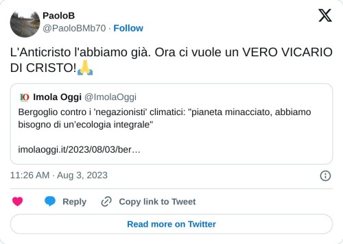 L'Anticristo l'abbiamo già. Ora ci vuole un VERO VICARIO DI CRISTO!🙏 https://t.co/H2dM08Yqm9  — PaoloB (@PaoloBMb70) August 3, 2023